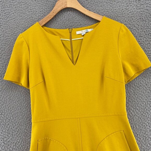 Boden Dress Womens 8R Yellow Fit & Flare Short Sleeve Ponte Knit Notch Neck Mini - Picture 2 of 12